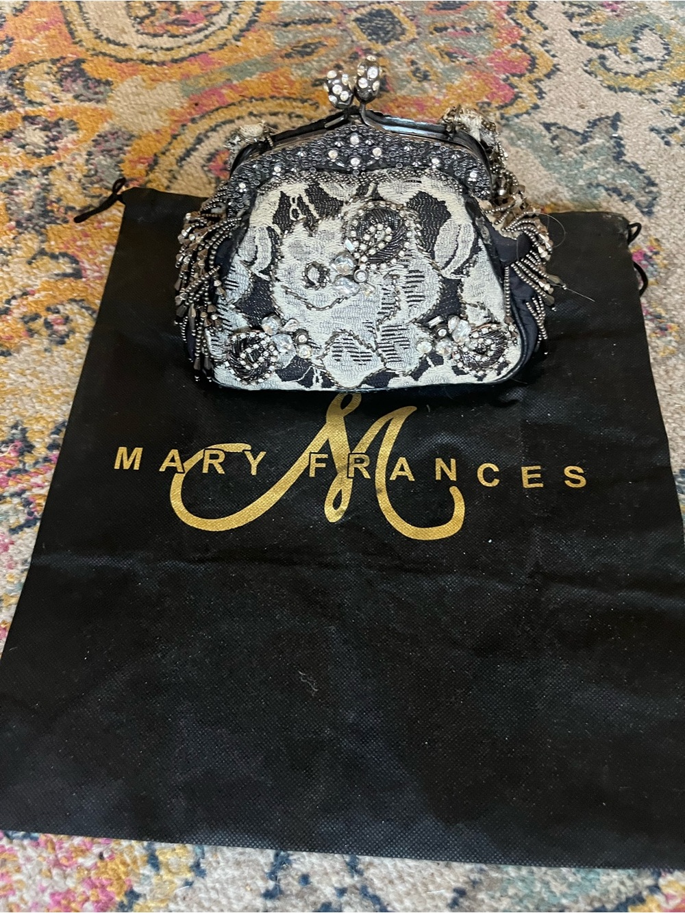 Mary Frances Embellished Crystal Tapestry Beaded Fringe Evening Bag